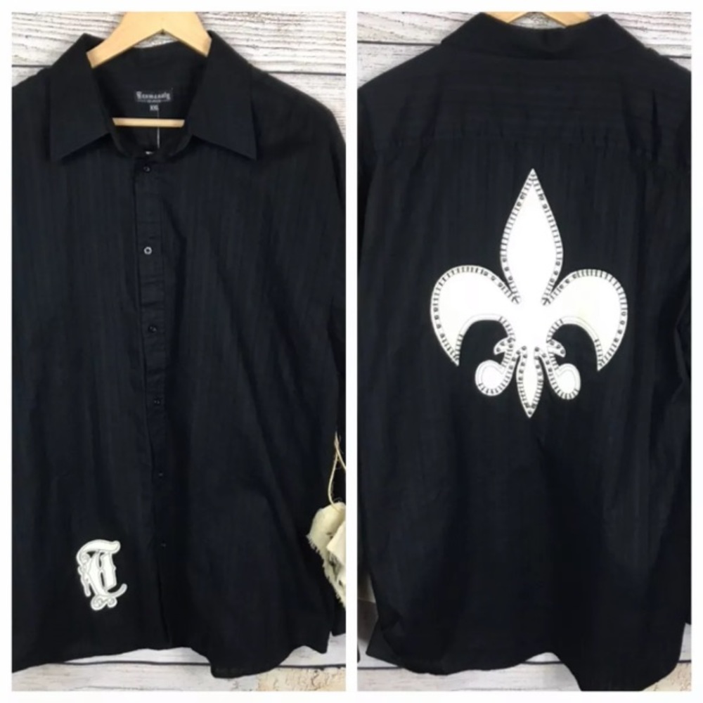 NWT Trumanaty leather appliqué black long sleeve button down dress shirt